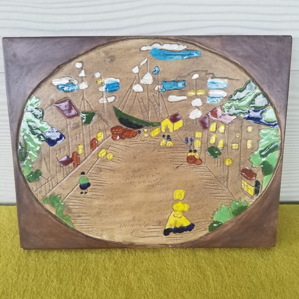 Vintage 70s Ceramic Tile Old Wold Harbor Town Scene Vtg Whimsical Unique Decor